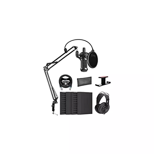 Audio-Technica AT2050 Multi-Pattern Condenser Microphone Bundle with Blucoil 10' XLR Cable, Boom Arm Plus Pop Filter, 4X 12 Acoustic Wedges, Aluminum Headphone Hook, and Samson SR850 Headphones