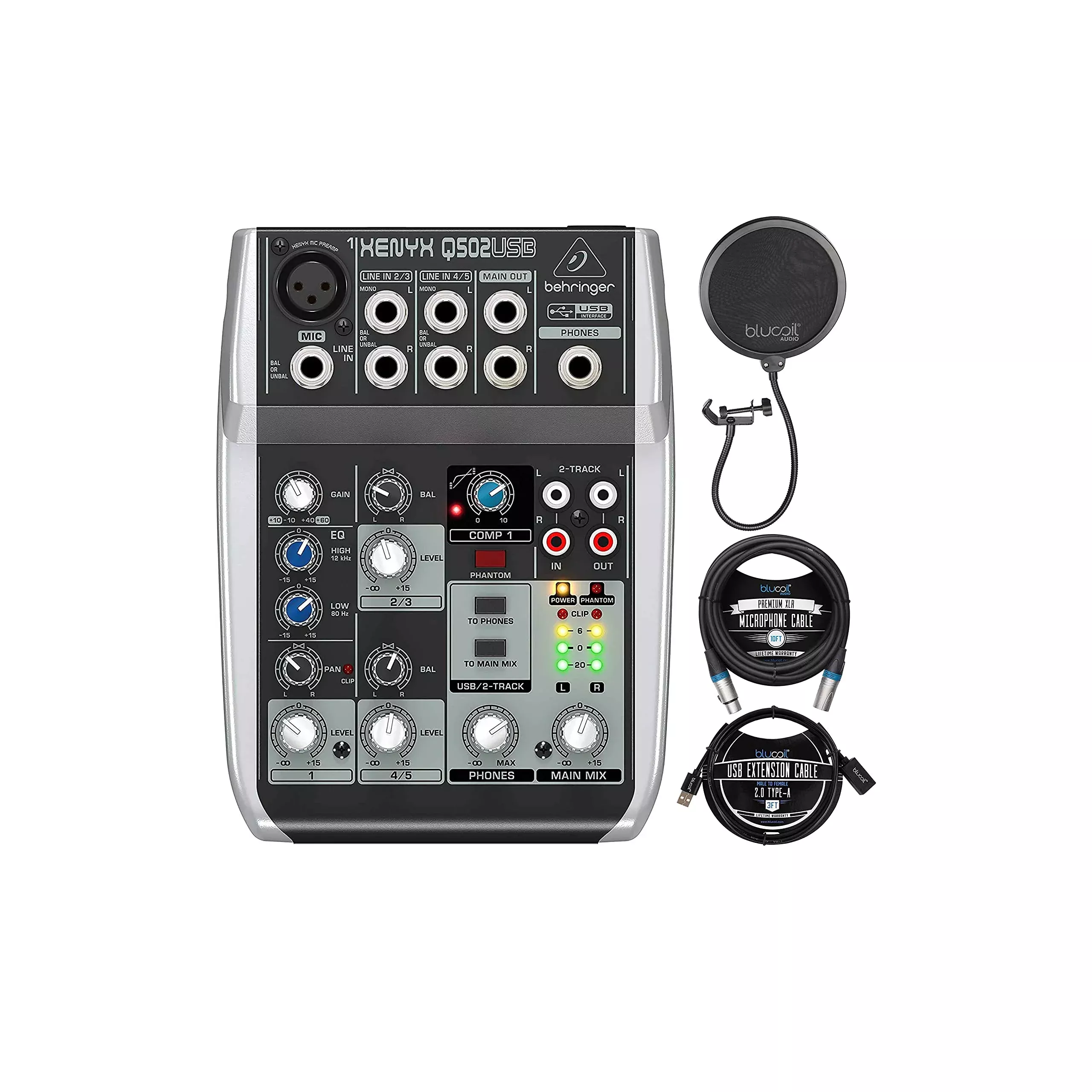 Behringer XENYX Q502USB Mixer and USB Audio Interface for Windows and Mac Bundle with Blucoil 3-FT USB 2.0 Type-A Extension Cable, 10-FT Balanced XLR Cable, and Pop Filter Windscreen