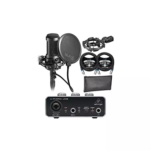 blucoil Audio Technica AT2050 Multi-Pattern Condenser Microphone Bundle with Behringer U-PHORIA UM2 USB Audio Interface for Windows & Mac, 2X 10' Balanced XLR Cables, Pop Filter, and 5X Cable Ties