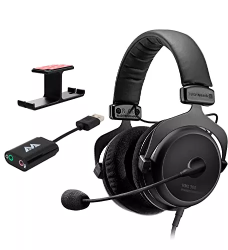 blucoil Beyerdynamics MMX 300 (2nd Generation) Premium Gaming Headset Bundle with Antlion Audio USB Stereo Sound Card Adapter for Microphones and Headphones Aluminum Headphone Hook