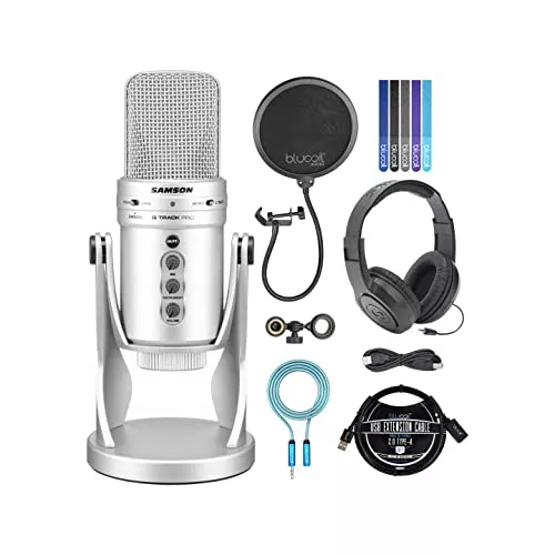 blucoil Samson G-Track Pro Professional USB Condenser Microphone, Silver Bundle with SR350 Over-Ear Headphones, 3' USB Extension Cable, Pop Filter, 5X Cable Ties, and 6' 3.5mm Audio Extension Cable
