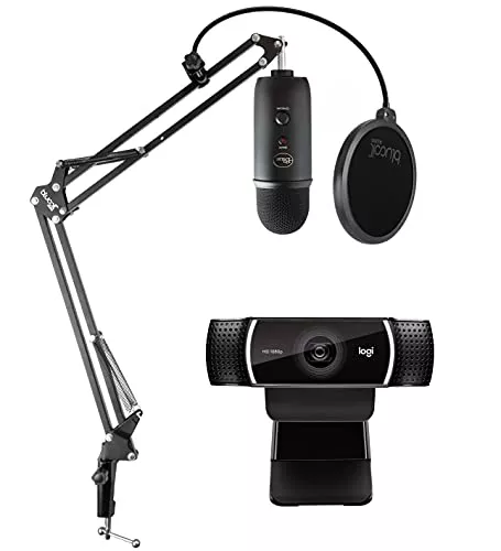 Blue Yeti USB Mic for Recording & Streaming on Windows and Mac - Blackout Bundle with Logitech C922 Pro Stream Webcam 1080P Camera, and Blucoil Boom Arm Plus Pop Filter