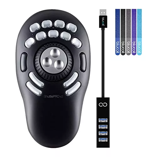 Contour Design ShuttlePRO v2 USB Multimedia Controller for Windows and Mac (Black, Old Version) Bundle with Blucoil Mini USB Type-A Hub with 4 USB Ports, and 5-Pack of Reusable Cable Ties
