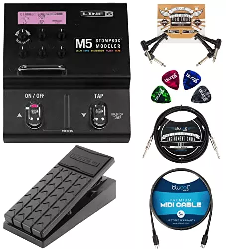 Line 6 M5 StompBox Modeler Bundle with EX-1 Expression Pedal, 2-Pack of Pedal Patch Cables, 10-FT Straight Instrument Cable (1/4in), 4-Pack of Celluloid Guitar Picks, and 5-FT MIDI Cable