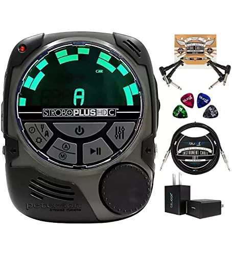 Peterson StroboPlus HDC Chromatic Handheld Strobe Tuner - Windows and Mac Compatible Bundle with Blucoil 10' Straight Instrument Cable (1/4") and 4-Pack of Celluloid Guitar Picks