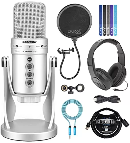 Samson G-Track Pro Professional USB Condenser Microphone, Silver Bundle with SR350 Over-Ear Headphones, Blucoil 3' USB Extension Cable, Pop Filter, 5x Cable Ties, and 6' 3.5mm Audio Extension Cable