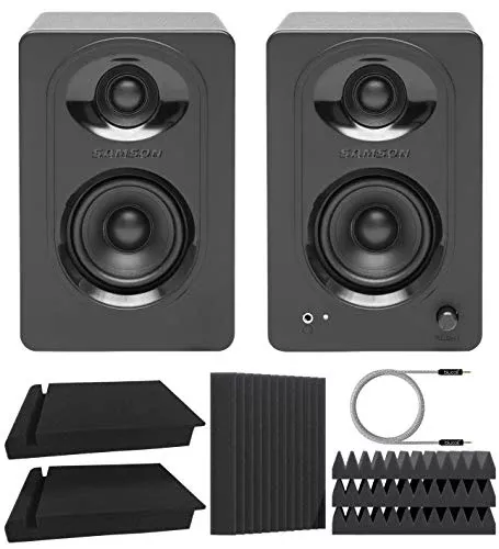 Samson MediaOne M30 3" Powered Studio Monitors with 3.5mm Outputs (Pair) Bundle with Blucoil Acoustic Isolation Pads (2-Pack), 12" Acoustic Wedges (4-Pack), and 5' Audio AUX Cable