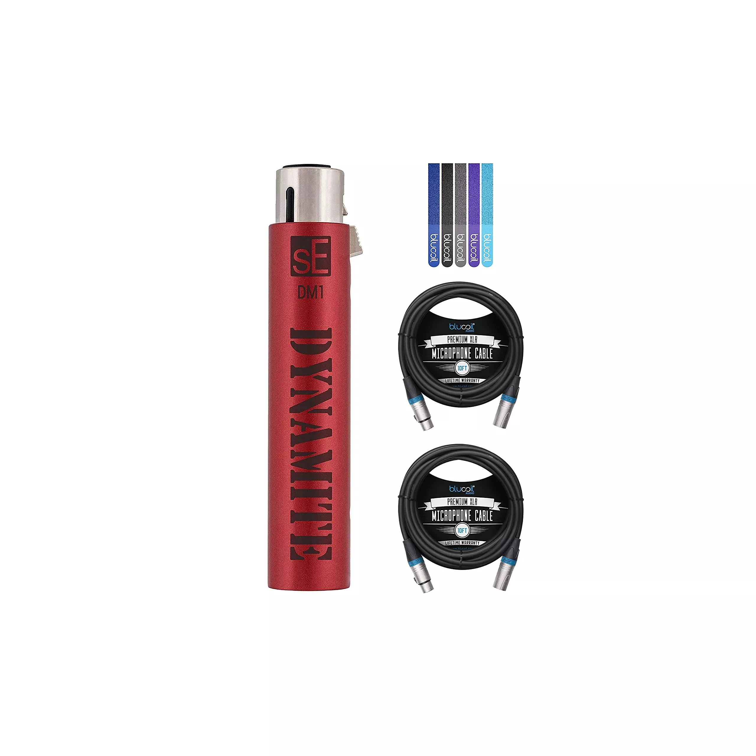 sE Electronics DM1 Dynamite Active in-Line Preamp for Dynamic and Passive Ribbon Microphones Bundle with Blucoil Boom Arm Plus Pop Filter, 10' XLR Cable, and 5-Pack of Reusable Cable Ties