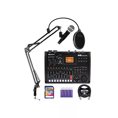 Zoom R8 Multitrack SD Recorder, Controller & Interface Bundle with Blucoil Boom Arm Plus Pop Filter, 10-FT Balanced XLR Cable, 4 AA Batteries, 16GB SDHC Memory Card, and Samson R21S Dynamic Microphone